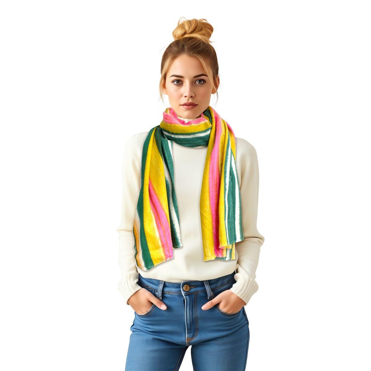 Pink, Green & Yellow Striped Knit Scarf – Stylish & Cozy Scarf for Women - Modestly Vogue 