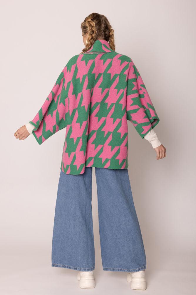 Stylish Cardigans & Kimonos for Women – Trendy & Versatile Outerwear for Any Occasion | Modestly Vogue Houndstooth Knit Pink Green Cardigan - Modestly Vogue 