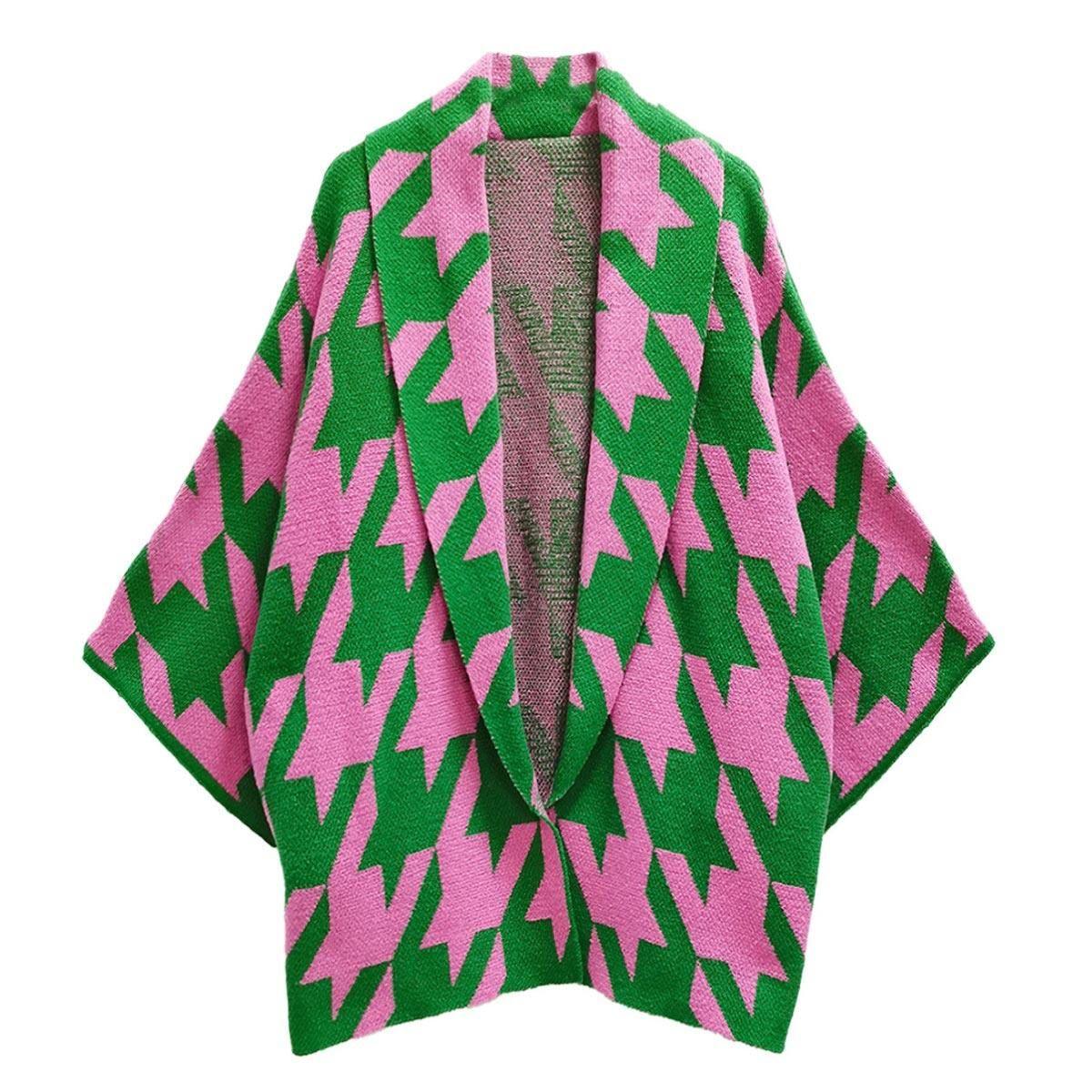 Stylish Cardigans & Kimonos for Women – Trendy & Versatile Outerwear for Any Occasion | Modestly Vogue Houndstooth Knit Pink Green Cardigan - Modestly Vogue 