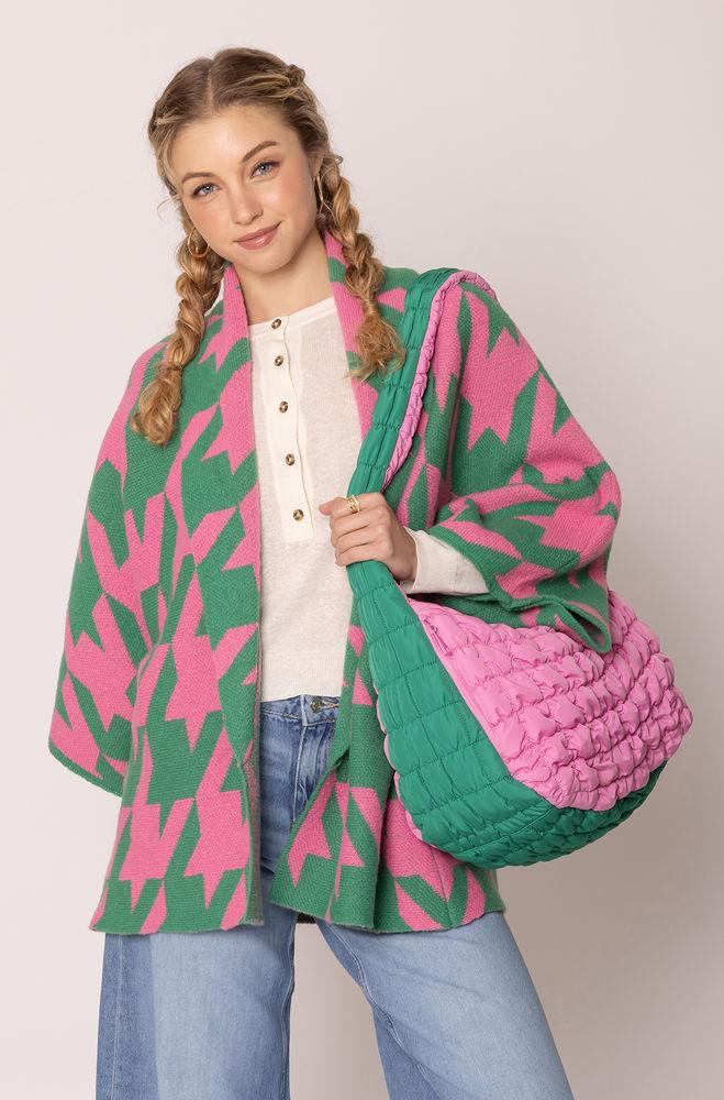 Stylish Cardigans & Kimonos for Women – Trendy & Versatile Outerwear for Any Occasion | Modestly Vogue Houndstooth Knit Pink Green Cardigan - Modestly Vogue 