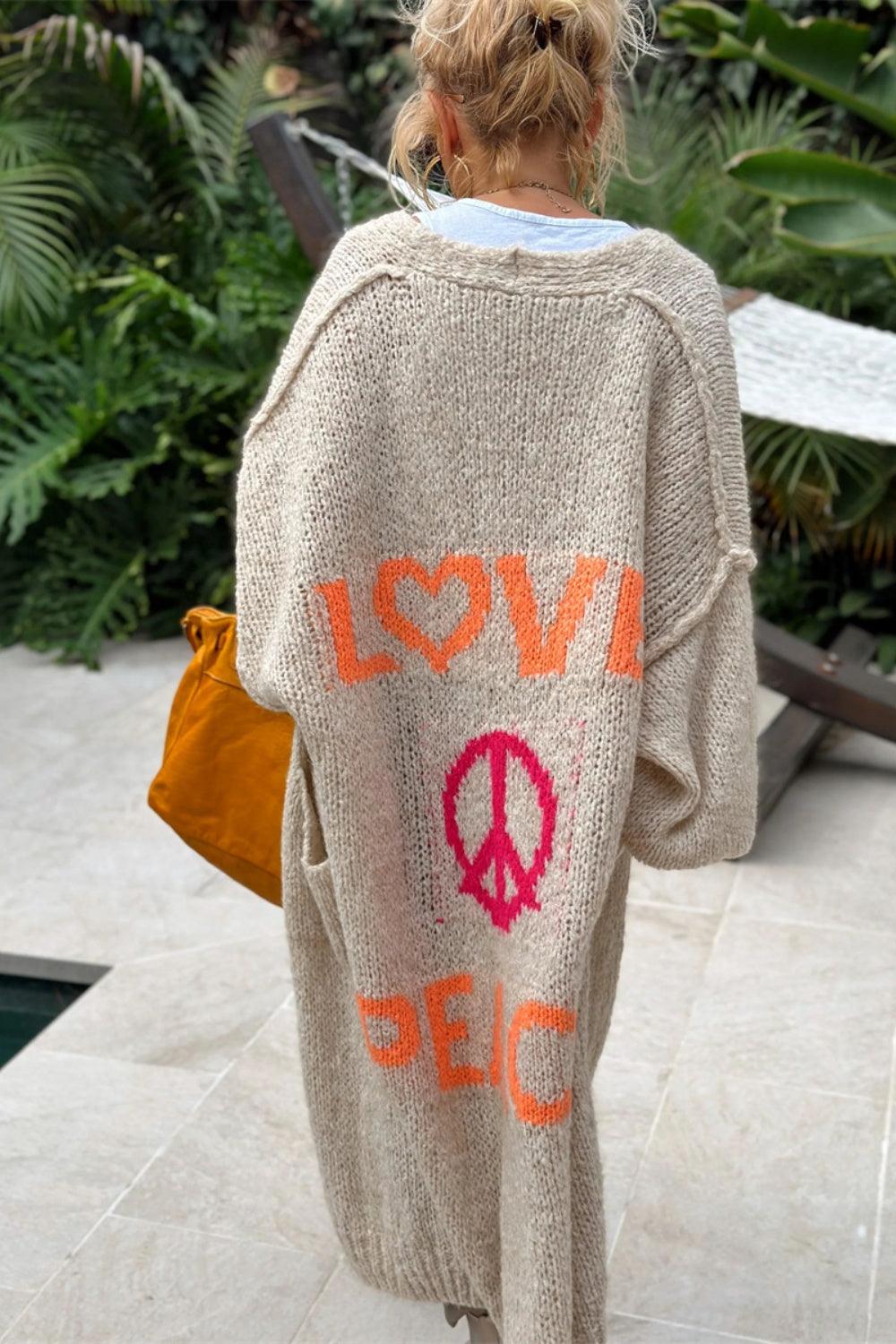 Peace Sign Cardigan – Dropped Shoulder Long Sleeve - Modestly Vogue 