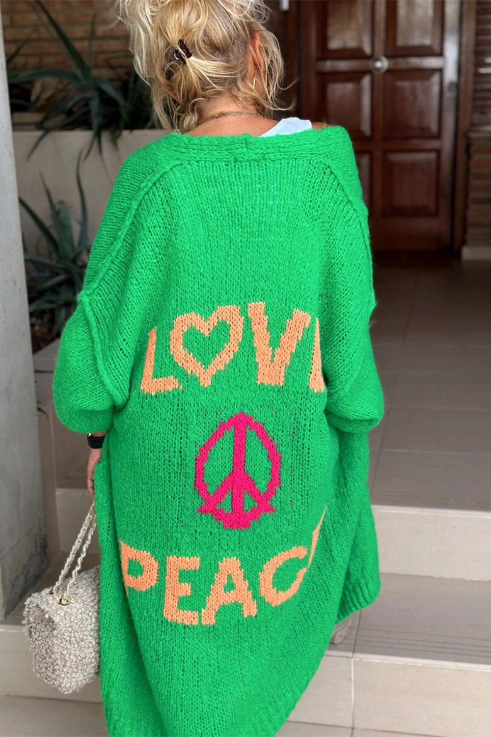 Peace Sign Cardigan – Dropped Shoulder Long Sleeve - Modestly Vogue 