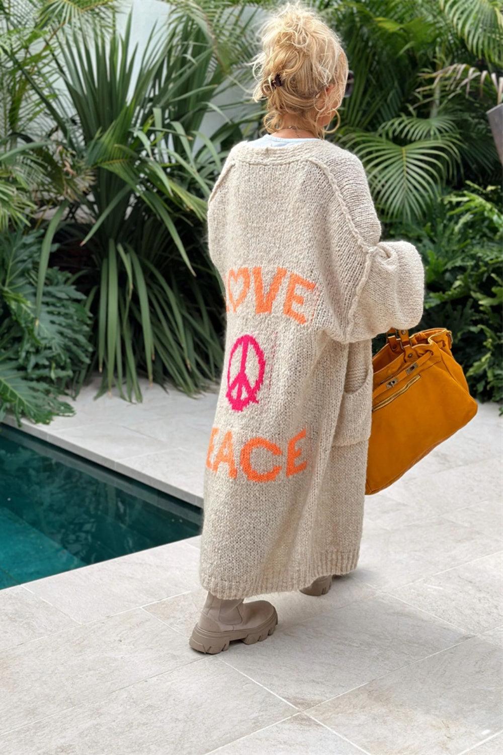 Peace Sign Cardigan – Dropped Shoulder Long Sleeve - Modestly Vogue 