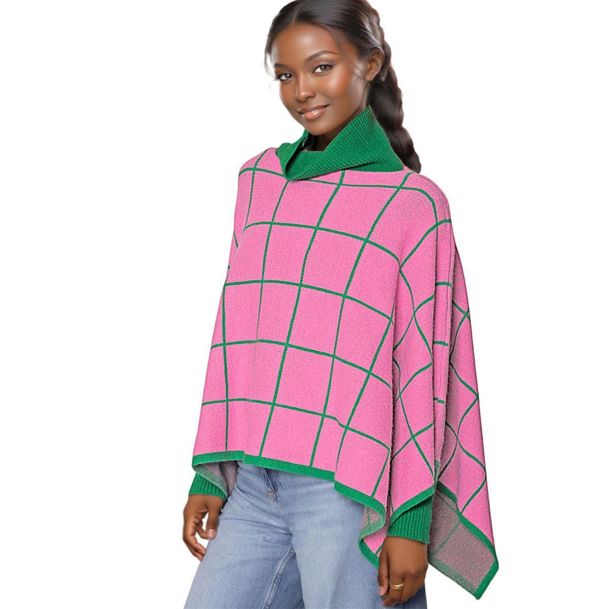 Cardigans Kimonos Women – | Plaid Knit Pink Green Poncho - Modestly Vogue 