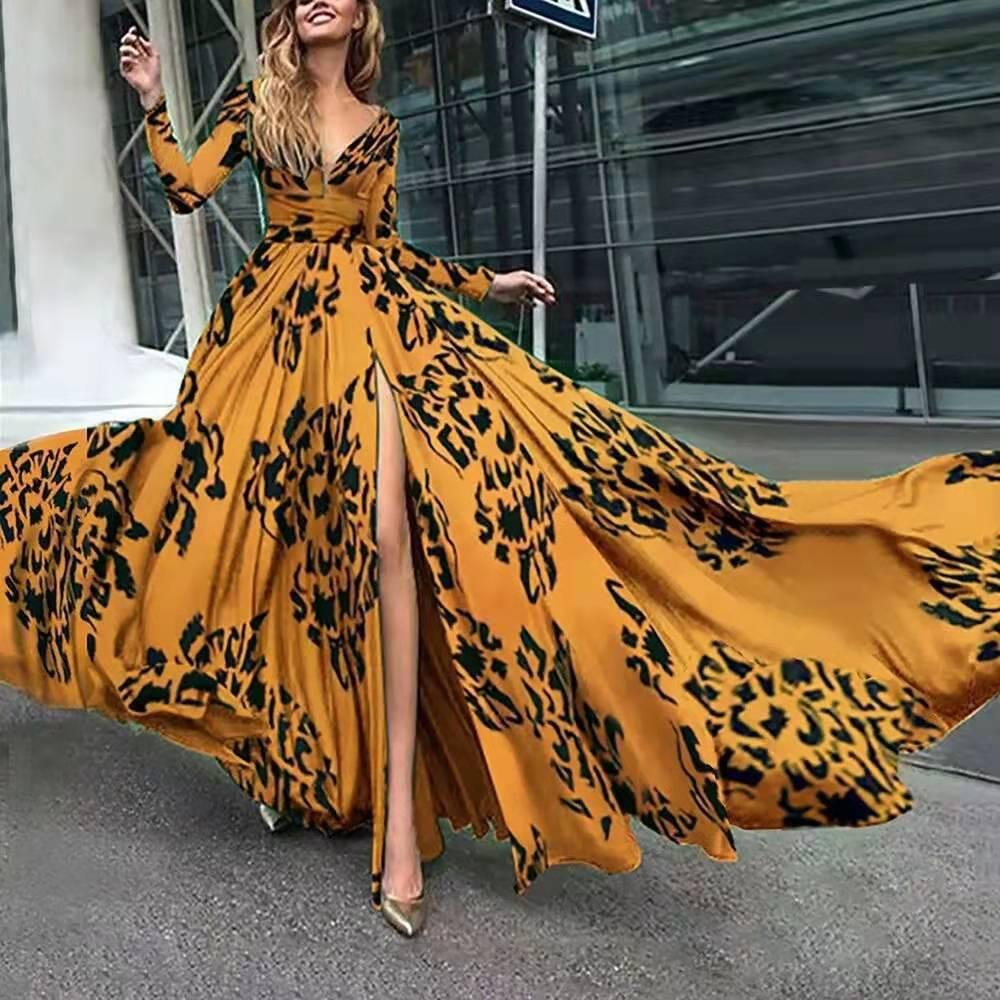 Stylish Dresses for Women – Trendy & Timeless Styles for Every Occasion | Modestly Vogue Women Clothing Arrival Dress Split Leopard Print Slim Fit Sexy Deep V Plunge Long Sleeve Dress - Modestly Vogue 