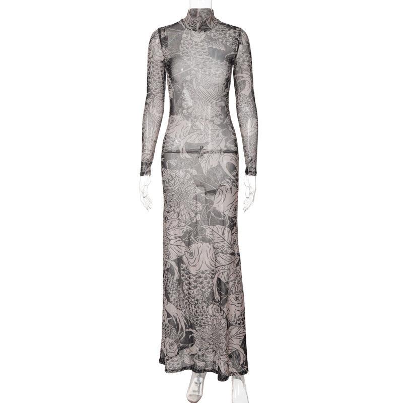 Dresses Women – Timeless Styles Every Occasion | Modestly Vogue Women Clothing Autumn Mesh Printed See through High Collar Slim Fit Slimming Dress Women - Modestly Vogue 