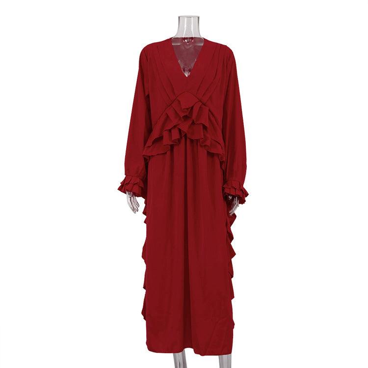 Stylish Dresses for Women – Trendy & Timeless Styles for Every Occasion | Modestly Vogue Women Clothing French Design Ruffled Long Sleeve Dress Red V neck Casual Dress - Modestly Vogue 