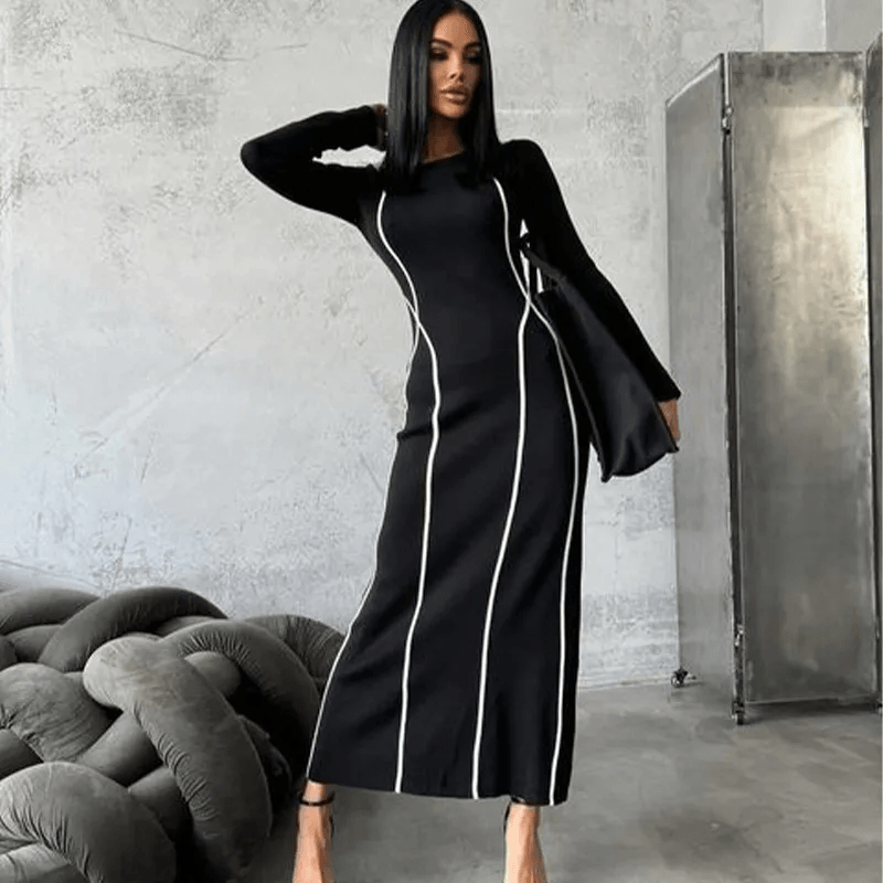 Dresses Women – Timeless Styles Every Occasion | Modestly Vogue Women Round Neck Stripe Contrast Color Stitching Slim-Fit Mid-Length Long Sleeve Dress - Modestly Vogue 