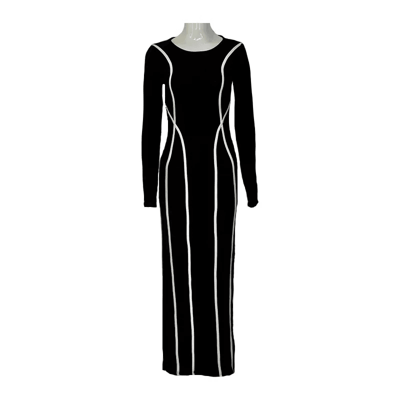 Dresses Women – Timeless Styles Every Occasion | Modestly Vogue Women Round Neck Stripe Contrast Color Stitching Slim-Fit Mid-Length Long Sleeve Dress - Modestly Vogue 