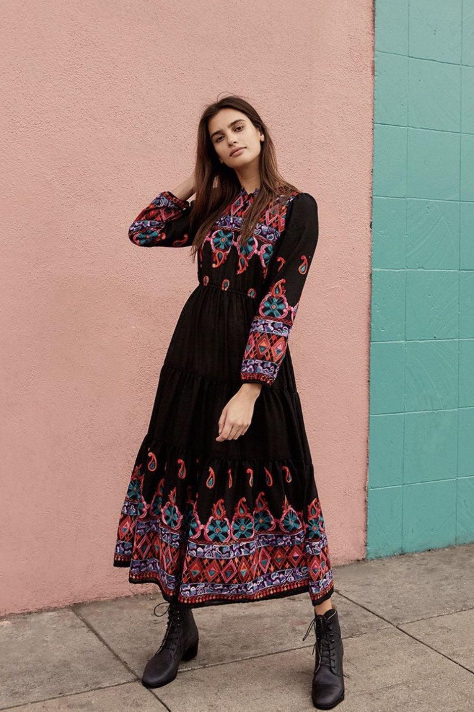 Boho Chic Bohemian Style Embroidered Long Dress - Modestly Vogue 