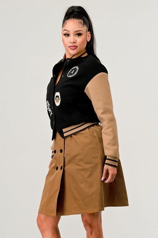 Stylish Outerwear for Women – Trendy Jackets, Coats & More for Every Season | Modestly Vogue Athina Black Queen letterman Jacket - Modestly Vogue 