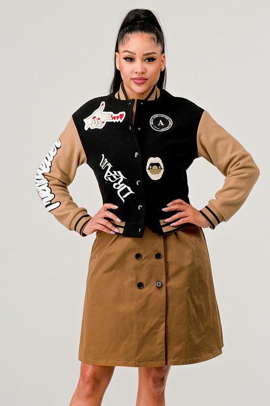 Stylish Outerwear for Women – Trendy Jackets, Coats & More for Every Season | Modestly Vogue Athina Black Queen letterman Jacket - Modestly Vogue 