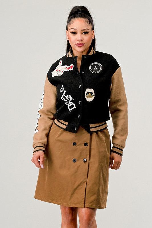 Stylish Outerwear for Women – Trendy Jackets, Coats & More for Every Season | Modestly Vogue Athina Black Queen letterman Jacket - Modestly Vogue 