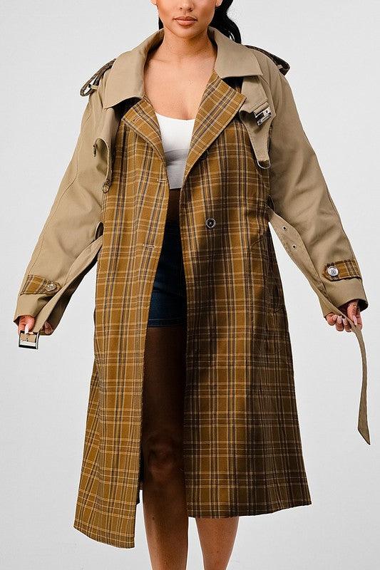 Women – Jackets, Coats More | ATHINA PLAID AND KHAKI CONTRAST TRENCH COAT - Modestly Vogue 