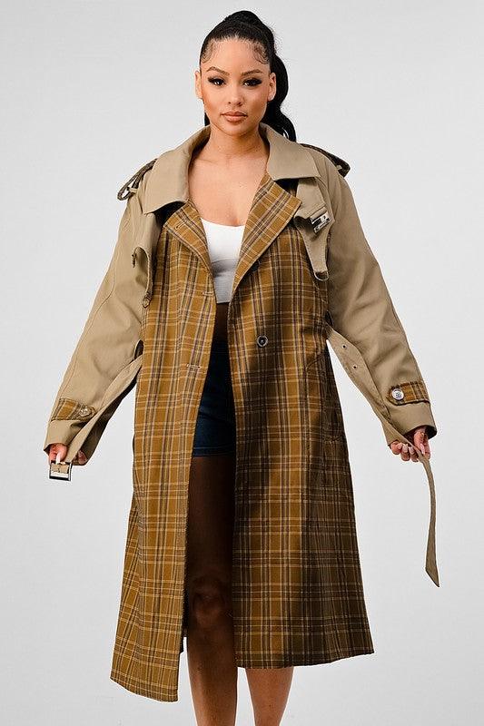 Women – Jackets, Coats More | ATHINA PLAID AND KHAKI CONTRAST TRENCH COAT - Modestly Vogue 