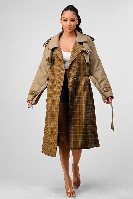 Women – Jackets, Coats More | ATHINA PLAID AND KHAKI CONTRAST TRENCH COAT - Modestly Vogue 