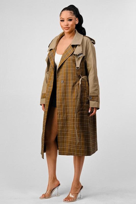 Women – Jackets, Coats More | ATHINA PLAID AND KHAKI CONTRAST TRENCH COAT - Modestly Vogue 