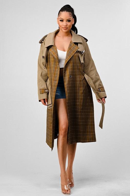 Women – Jackets, Coats More | ATHINA PLAID AND KHAKI CONTRAST TRENCH COAT - Modestly Vogue 