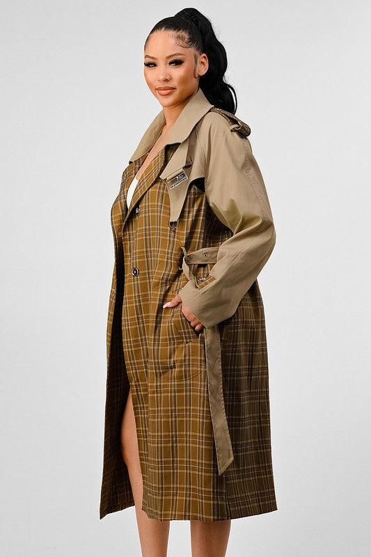 Women – Jackets, Coats More | ATHINA PLAID AND KHAKI CONTRAST TRENCH COAT - Modestly Vogue 