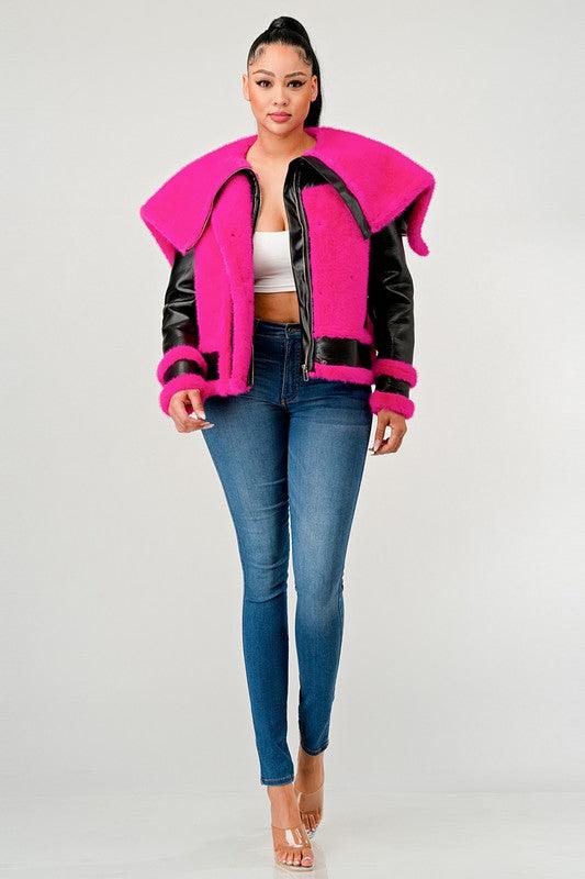 Stylish Outerwear for Women – Trendy Jackets, Coats & More for Every Season | Modestly Vogue Athina statement pink Faux Fur Aviator Jacket - Modestly Vogue 