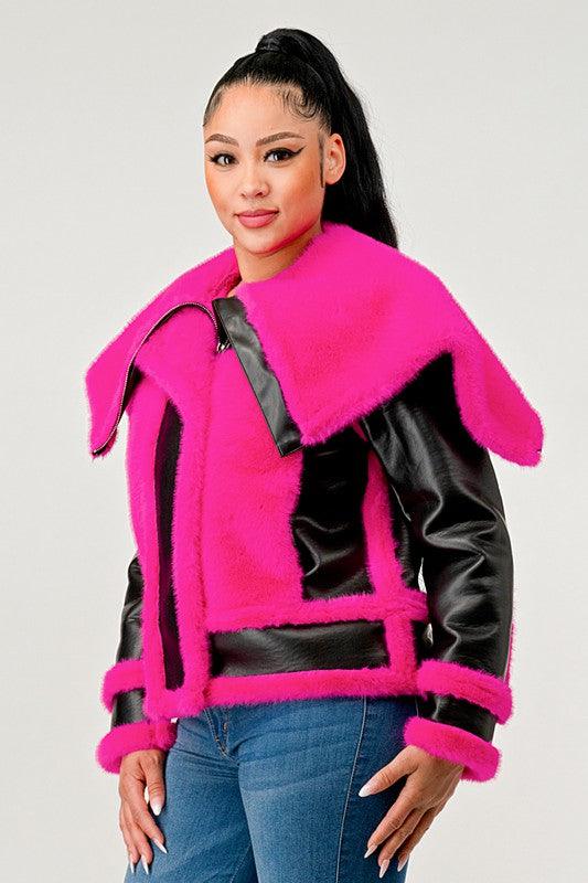 Stylish Outerwear for Women – Trendy Jackets, Coats & More for Every Season | Modestly Vogue Athina statement pink Faux Fur Aviator Jacket - Modestly Vogue 