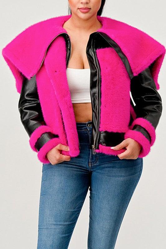 Stylish Outerwear for Women – Trendy Jackets, Coats & More for Every Season | Modestly Vogue Athina statement pink Faux Fur Aviator Jacket - Modestly Vogue 