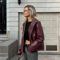 Wine Red Faux Leather Jacket Coat for Women | Trendy Outerwear for Fall & Winter - Modestly Vogue 