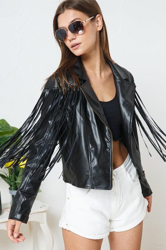 Outerwear – Jackets, Coats | Faux Leather Moto Fringe Jacket - Modestly Vogue 