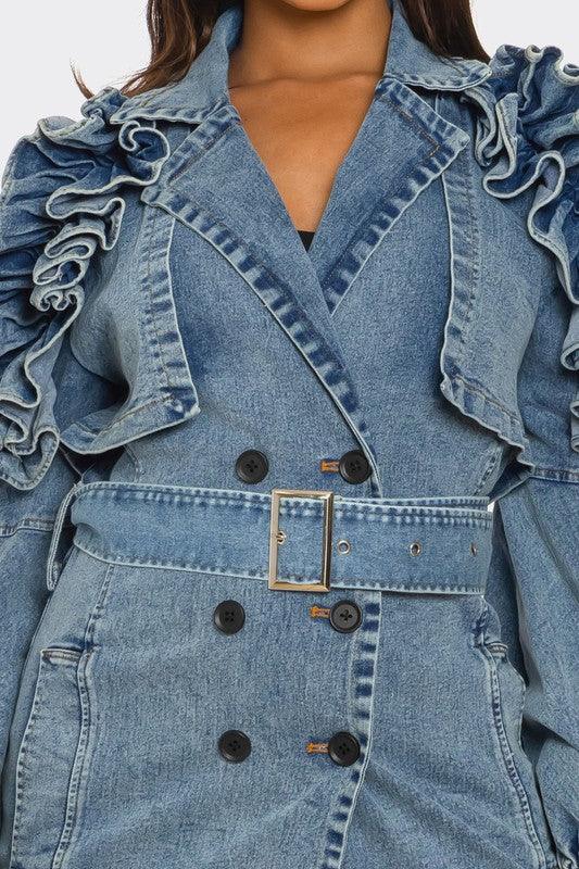 Denim Outerwear – Jackets, Coats Season | -Ruffled Trench Coat - Modestly Vogue 