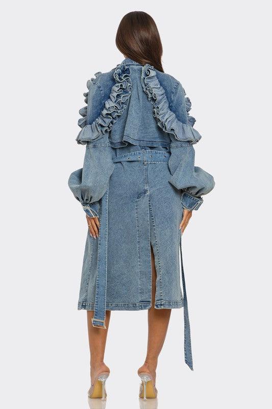 Denim Outerwear – Jackets, Coats Season | -Ruffled Trench Coat - Modestly Vogue 