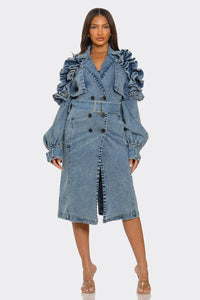 Denim Outerwear – Jackets, Coats Season | -Ruffled Trench Coat - Modestly Vogue 