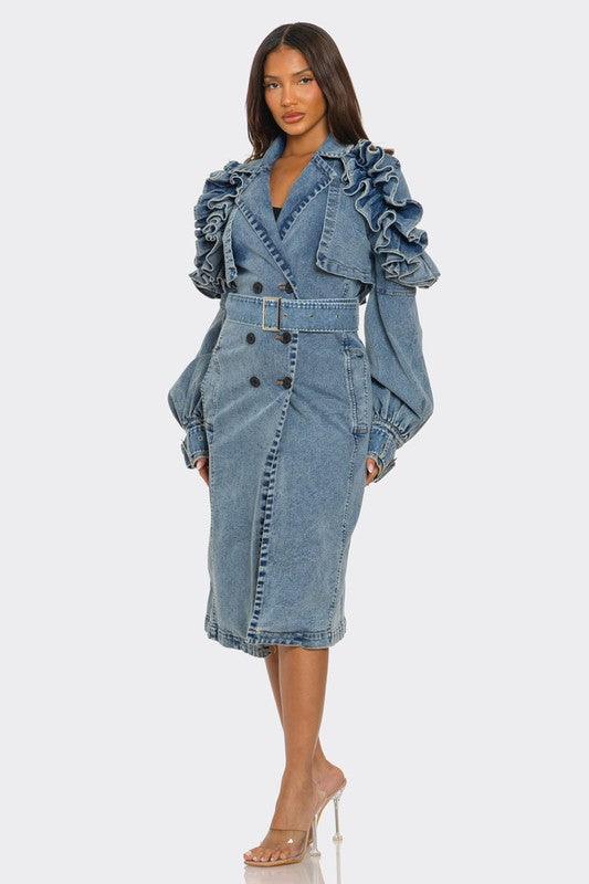 Denim Outerwear – Jackets, Coats Season | -Ruffled Trench Coat - Modestly Vogue 