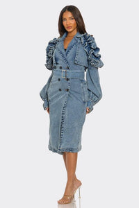 Denim Outerwear – Jackets, Coats Season | -Ruffled Trench Coat - Modestly Vogue 