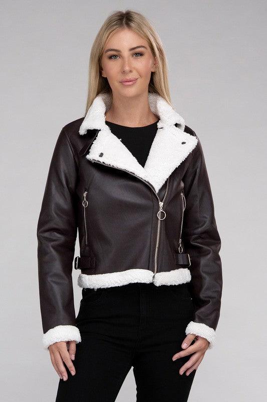 Stylish Outerwear for Women – Trendy Jackets, Coats & More for Every Season | Modestly Vogue Plush Teddy Trimmed PU Jacket - Modestly Vogue 