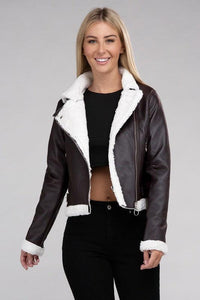 Stylish Outerwear for Women – Trendy Jackets, Coats & More for Every Season | Modestly Vogue Plush Teddy Trimmed PU Jacket - Modestly Vogue 