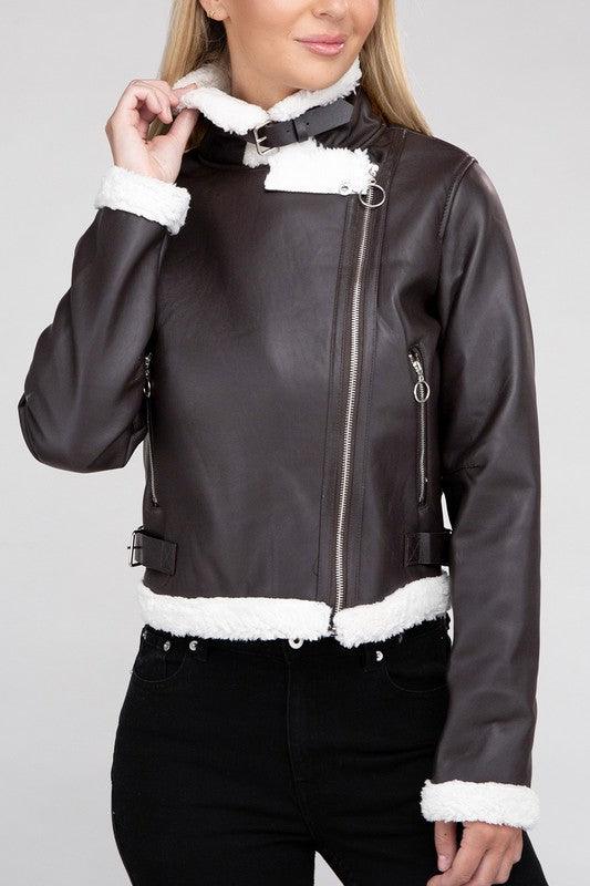 Stylish Outerwear for Women – Trendy Jackets, Coats & More for Every Season | Modestly Vogue Plush Teddy Trimmed PU Jacket - Modestly Vogue 