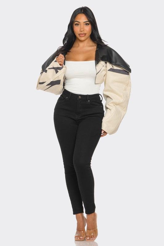 Women – Jackets, Coats More | Two-Tone Puff Sleeve Bomber Jacket - Modestly Vogue 