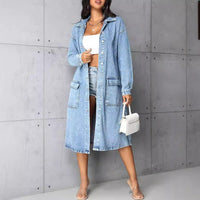 Denim Outerwear – Jackets, Coats Season | Clothing Loose Casual with Big Pockets Trench Coat Long - Modestly Vogue 