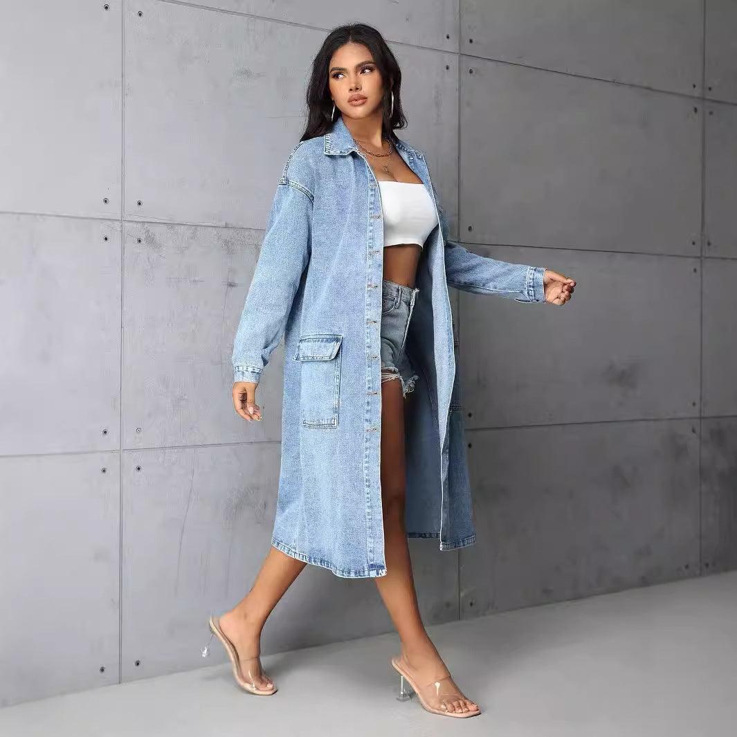 Denim Outerwear – Jackets, Coats Season | Clothing Loose Casual with Big Pockets Trench Coat Long - Modestly Vogue 