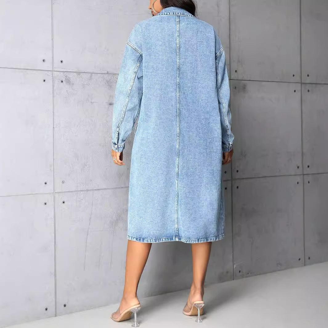 Denim Outerwear – Jackets, Coats Season | Clothing Loose Casual with Big Pockets Trench Coat Long - Modestly Vogue 