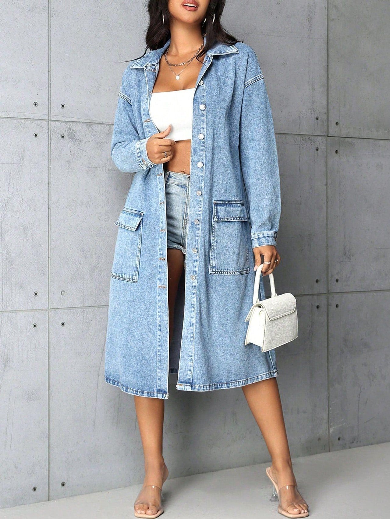 Denim Outerwear – Jackets, Coats Season | Clothing Loose Casual with Big Pockets Trench Coat Long - Modestly Vogue 