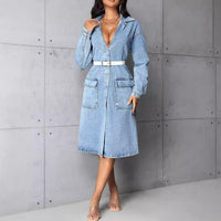 Denim Outerwear – Jackets, Coats Season | Clothing Loose Casual with Big Pockets Trench Coat Long - Modestly Vogue 