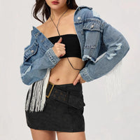 Denim Outerwear – Jackets, Coats Season | Clothing Personalized Street Short Tassel Ripped Coat - Modestly Vogue 