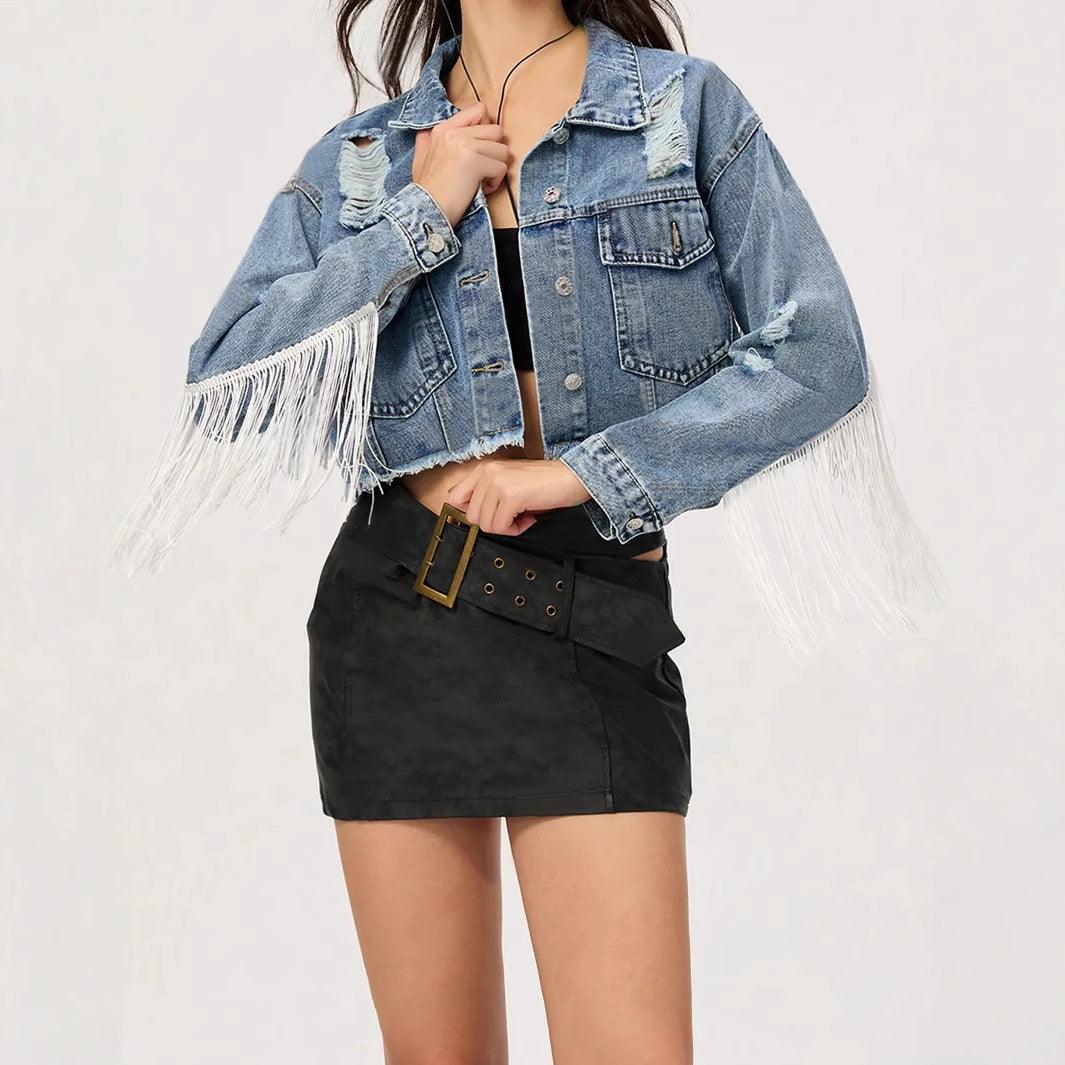 Denim Outerwear – Jackets, Coats Season | Clothing Personalized Street Short Tassel Ripped Coat - Modestly Vogue 