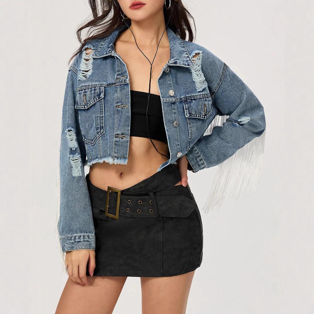 Denim Outerwear – Jackets, Coats Season | Clothing Personalized Street Short Tassel Ripped Coat - Modestly Vogue 