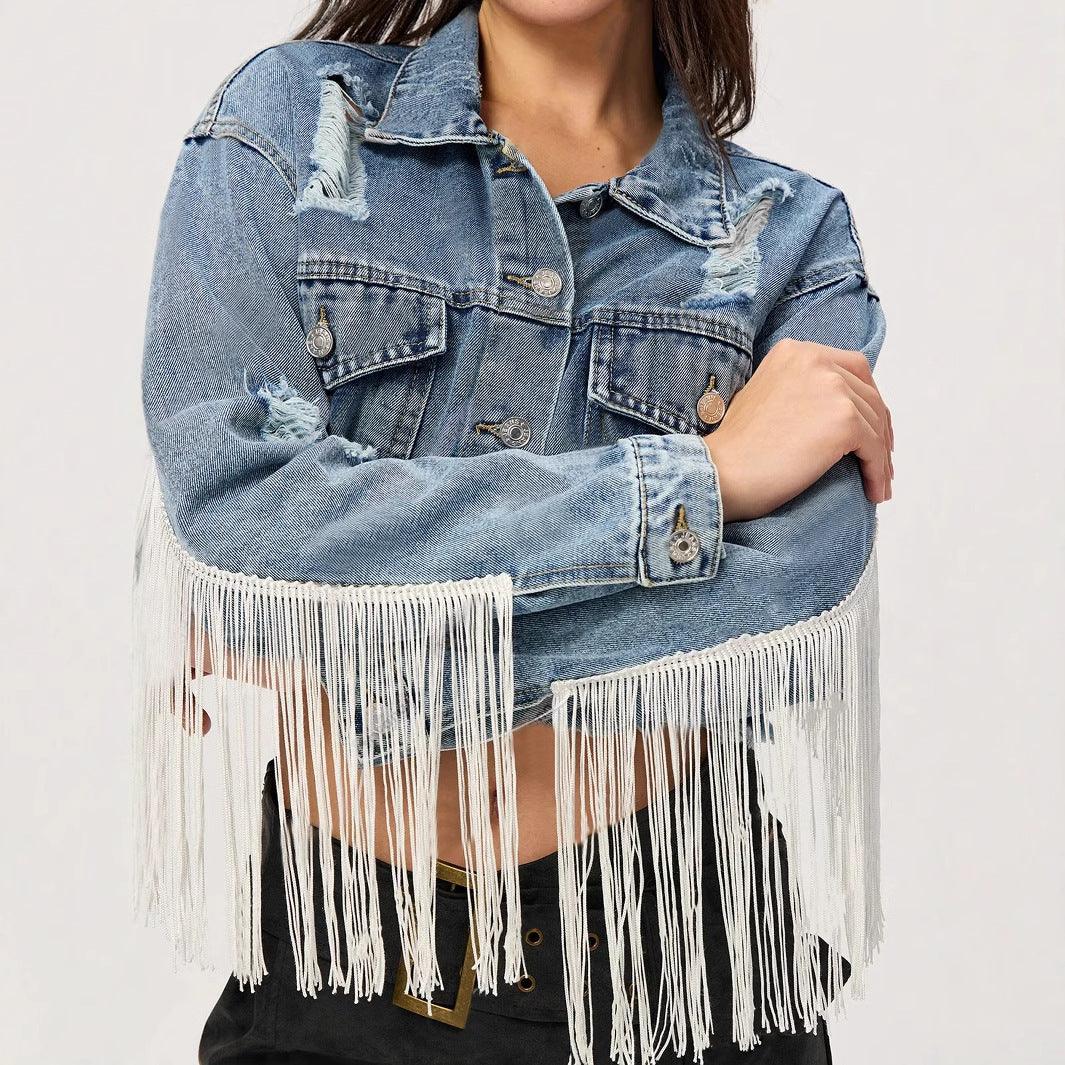 Denim Outerwear – Jackets, Coats Season | Clothing Personalized Street Short Tassel Ripped Coat - Modestly Vogue 