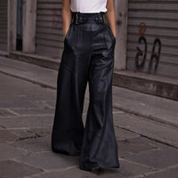 High Waist Loose Pockets Faux Leather Bell Bottom Casual Trousers - Modestly Vogue 