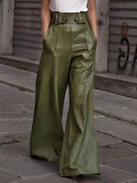 High Waist Loose Pockets Faux Leather Bell Bottom Casual Trousers - Modestly Vogue 