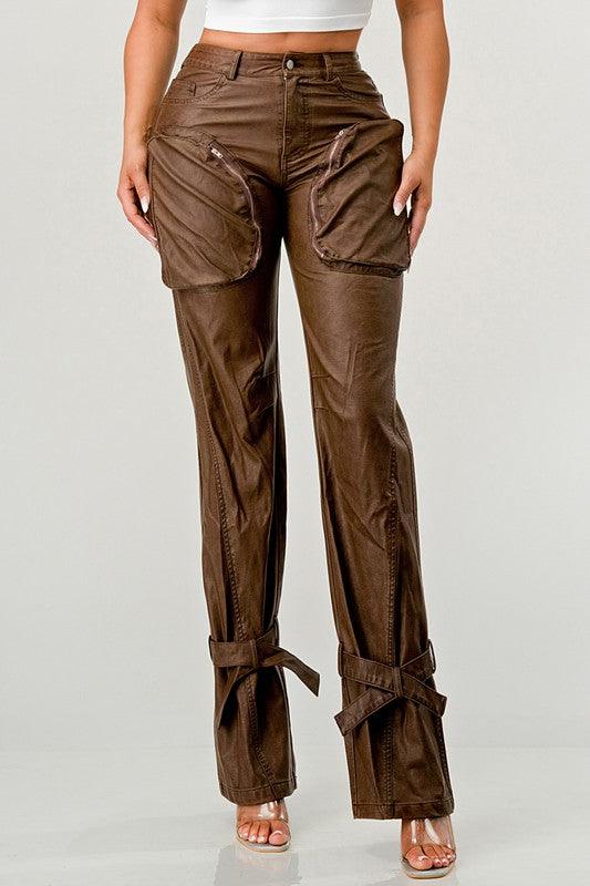 Luxury Couture PU Brown Leather Cargo Pants - Modestly Vogue 