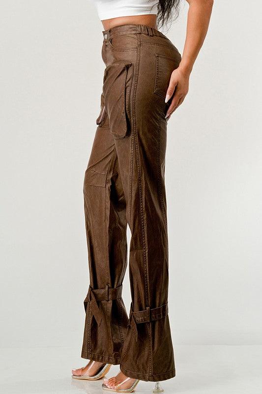 Luxury Couture PU Brown Leather Cargo Pants - Modestly Vogue 